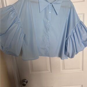 Cocobleu NY Chic Light Blue Women's puffy sleeved Button Down Shirt